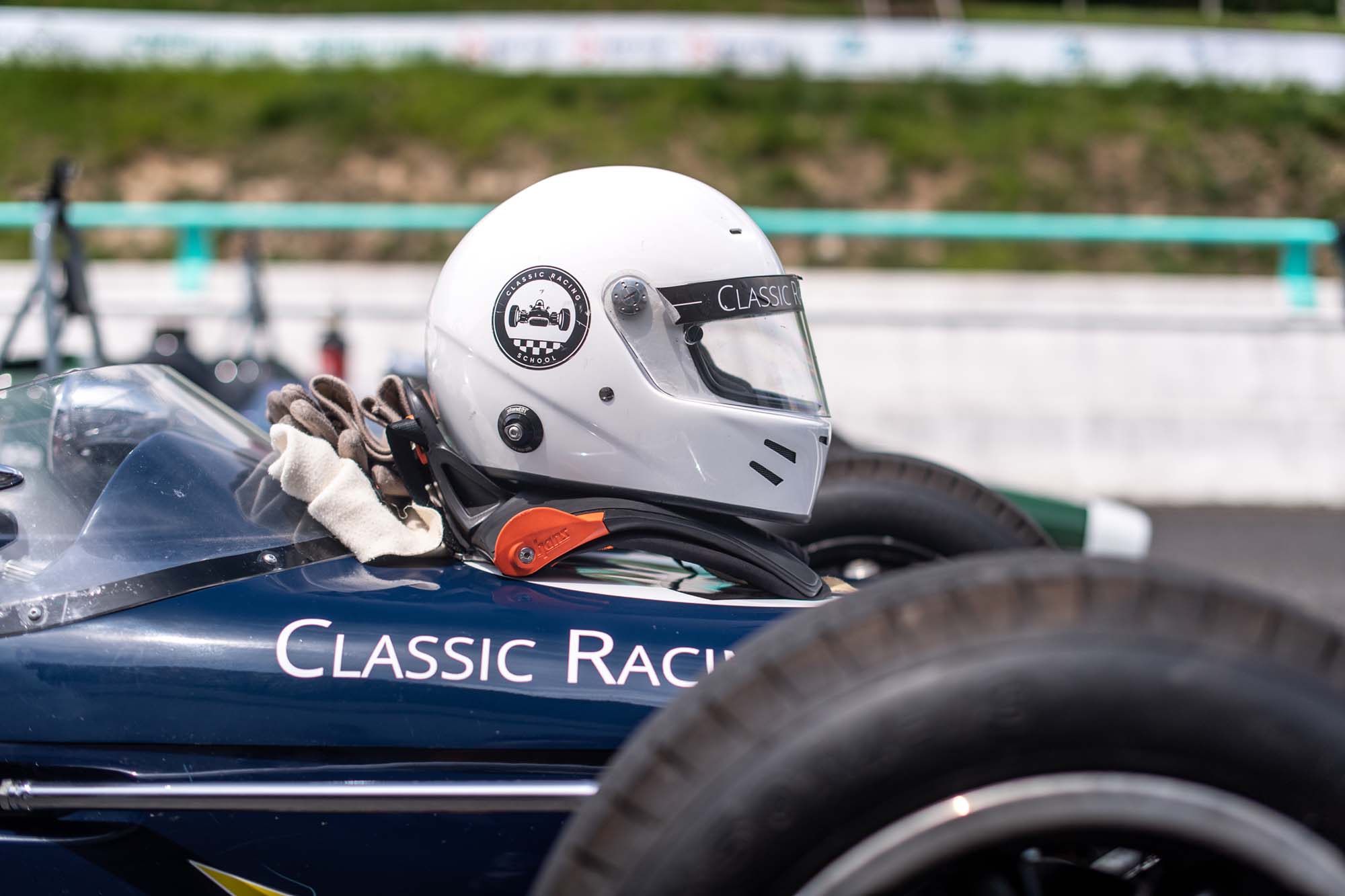 a helmet on a race car